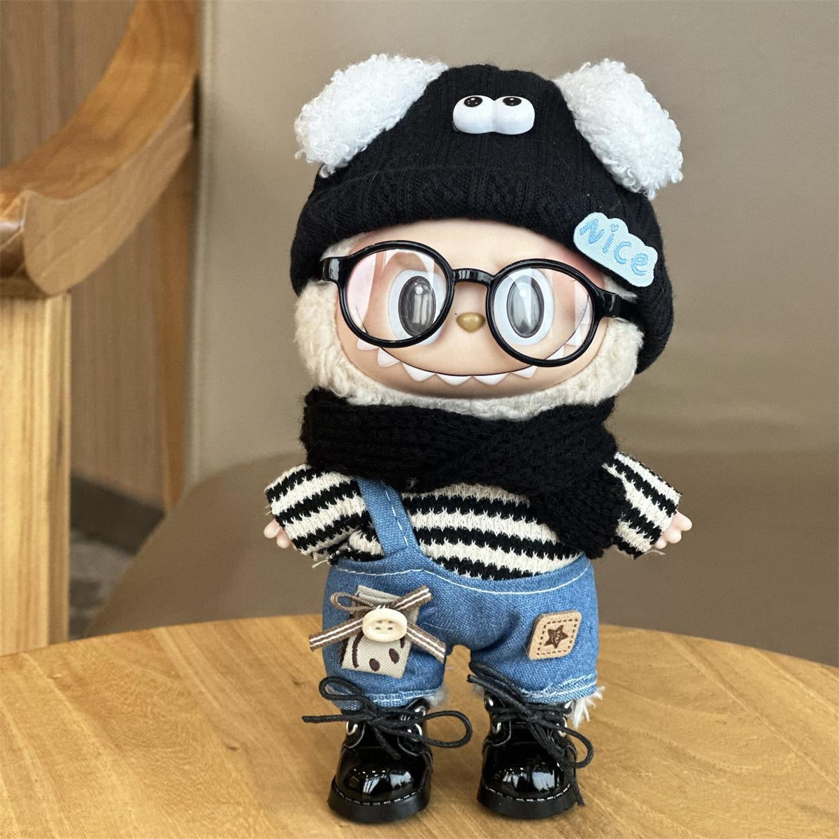 Labubu Handmade Outfit – Striped Tee & Denim Overall with Fuzzy Ear Hat