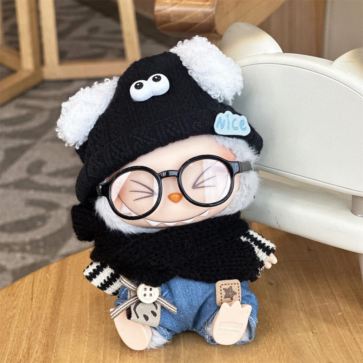 Labubu Handmade Outfit – Striped Tee & Denim Overall with Fuzzy Ear Hat