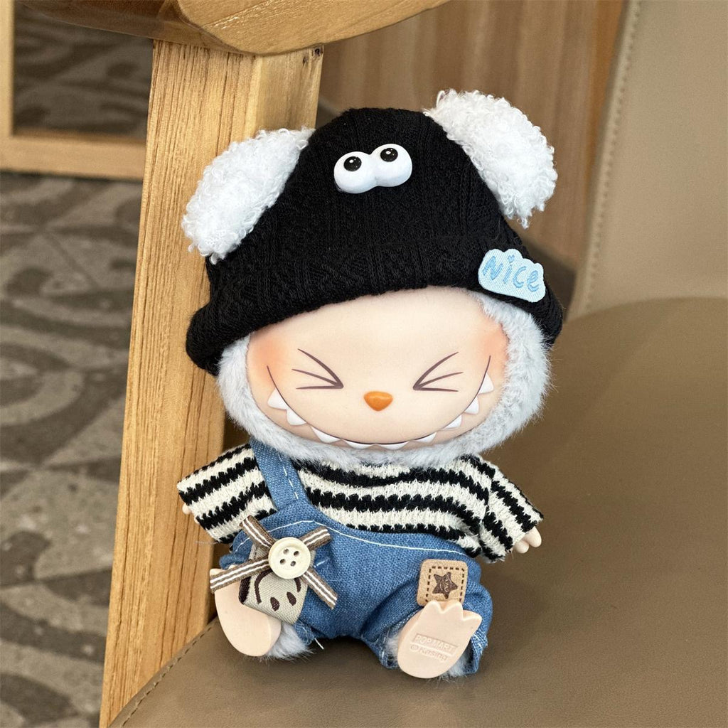 Labubu Handmade Outfit – Striped Tee & Denim Overall with Fuzzy Ear Hat