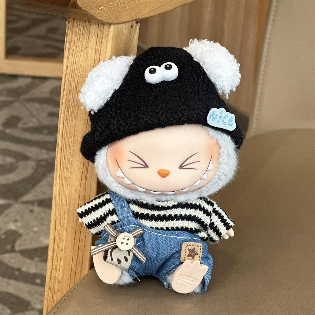 Labubu Handmade Outfit – Striped Tee & Denim Overall with Fuzzy Ear Hat