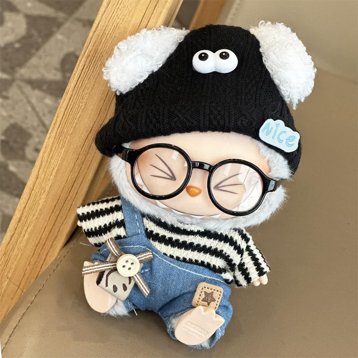 Labubu Handmade Outfit – Striped Tee & Denim Overall with Fuzzy Ear Hat