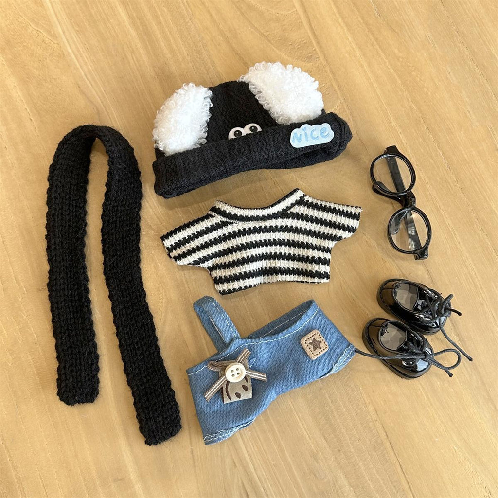 Labubu Handmade Outfit – Striped Tee & Denim Overall with Fuzzy Ear Hat