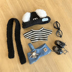 Labubu Handmade Outfit – Striped Tee & Denim Overall with Fuzzy Ear Hat