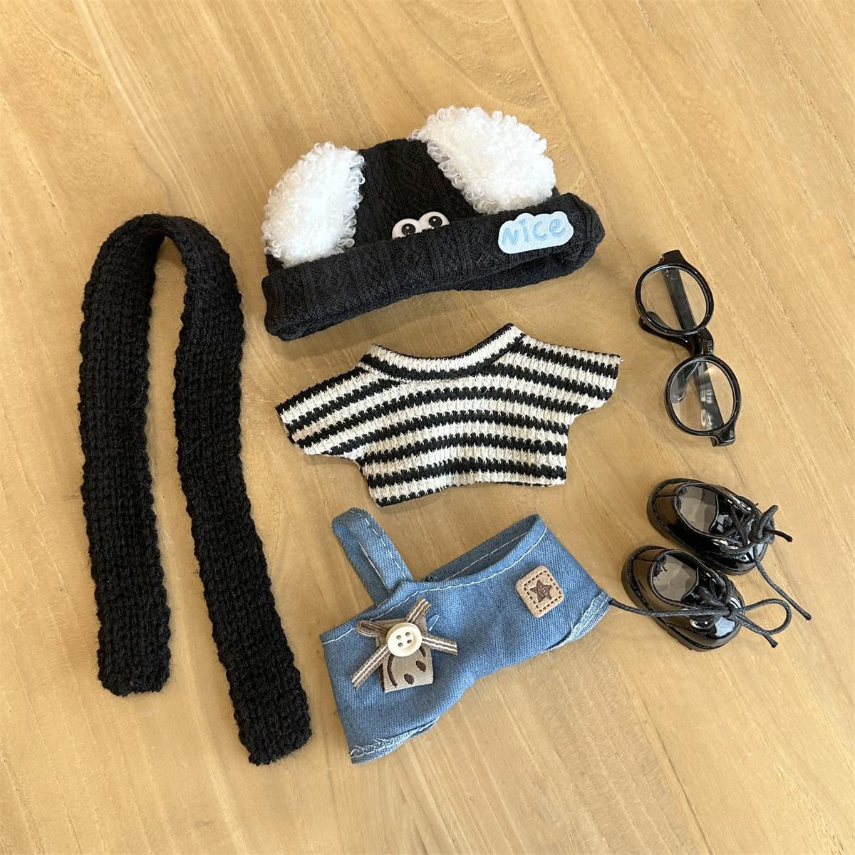 Labubu Handmade Outfit – Striped Tee & Denim Overall with Fuzzy Ear Hat