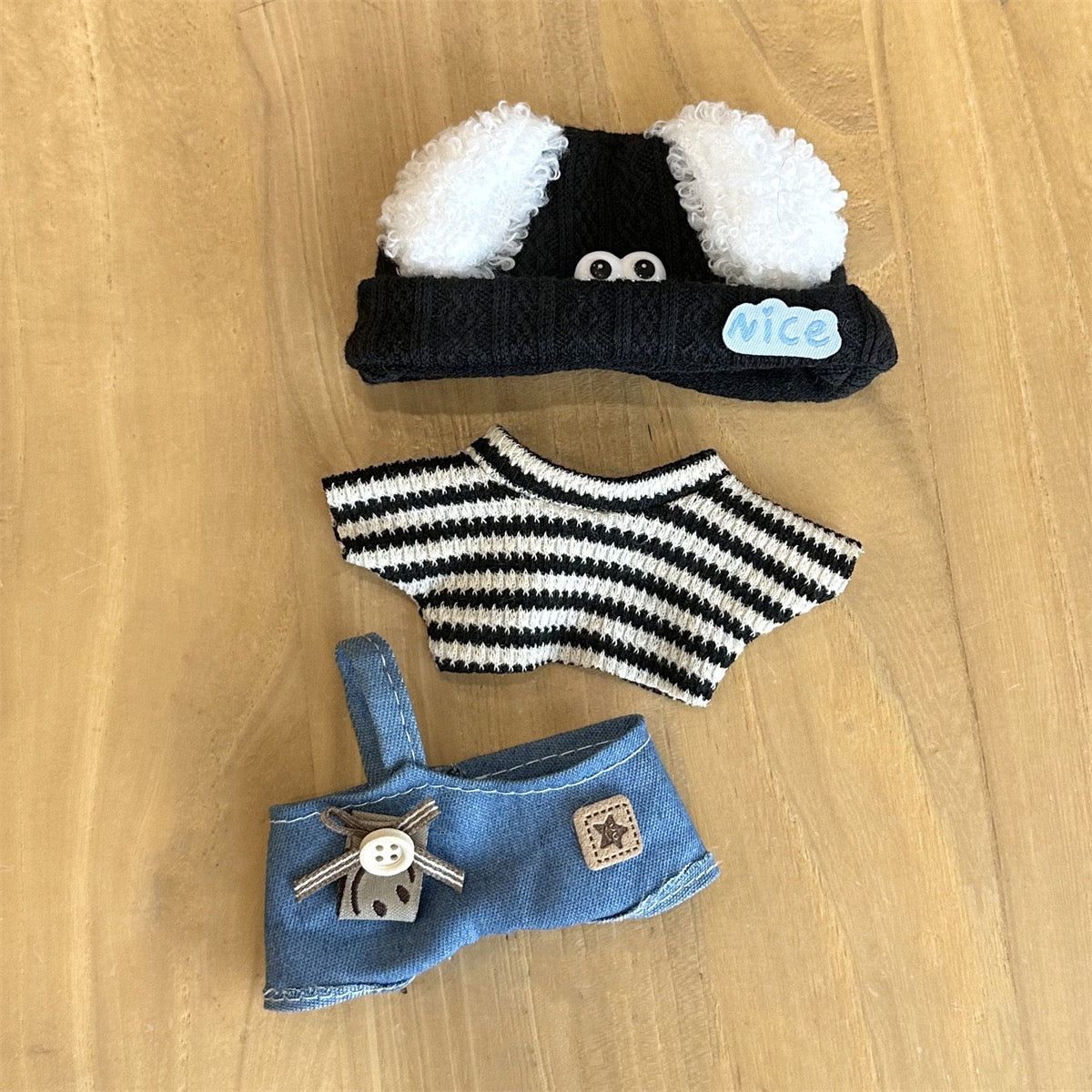 Labubu Handmade Outfit – Striped Tee & Denim Overall with Fuzzy Ear Hat