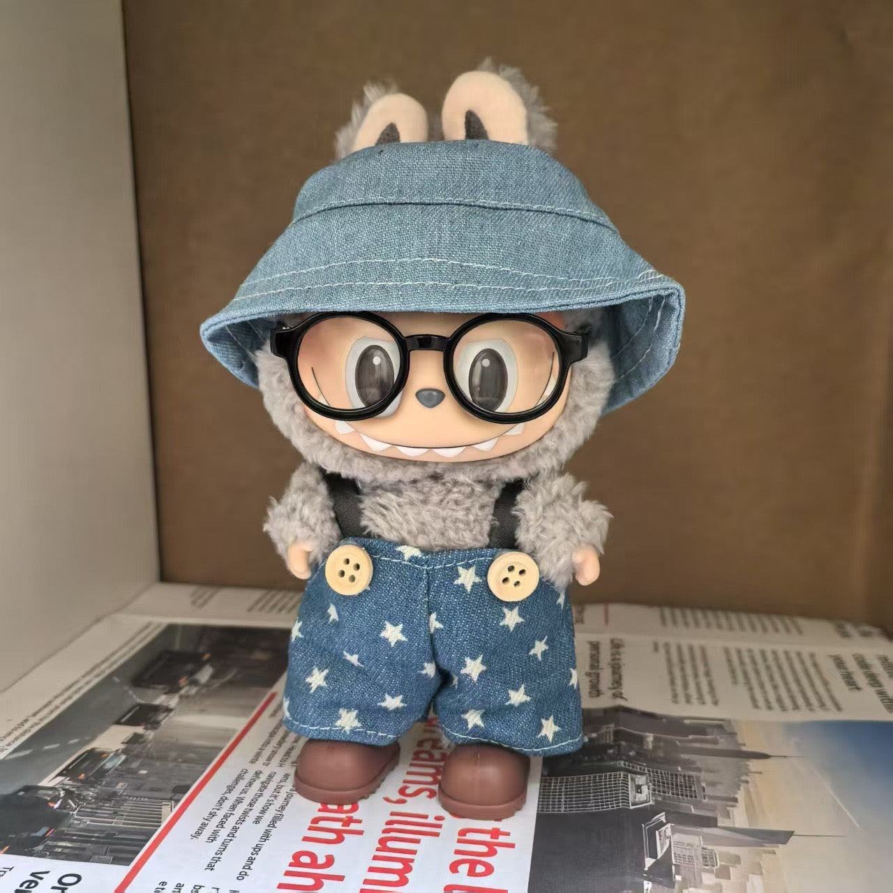 Labubu Plush Doll Denim Starry Overalls & Floral Bucket Hat (Limited Edition)