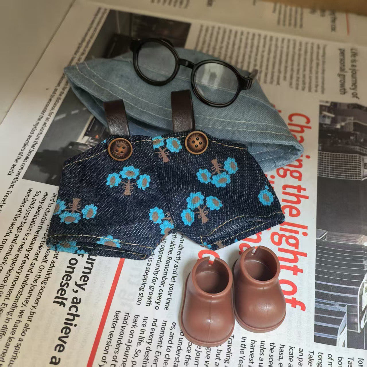 Labubu Plush Doll Denim Starry Overalls & Floral Bucket Hat (Limited Edition)
