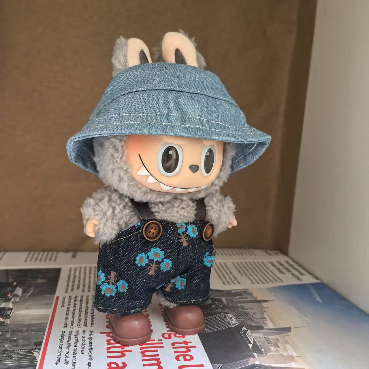 Labubu Plush Doll Denim Starry Overalls & Floral Bucket Hat (Limited Edition)