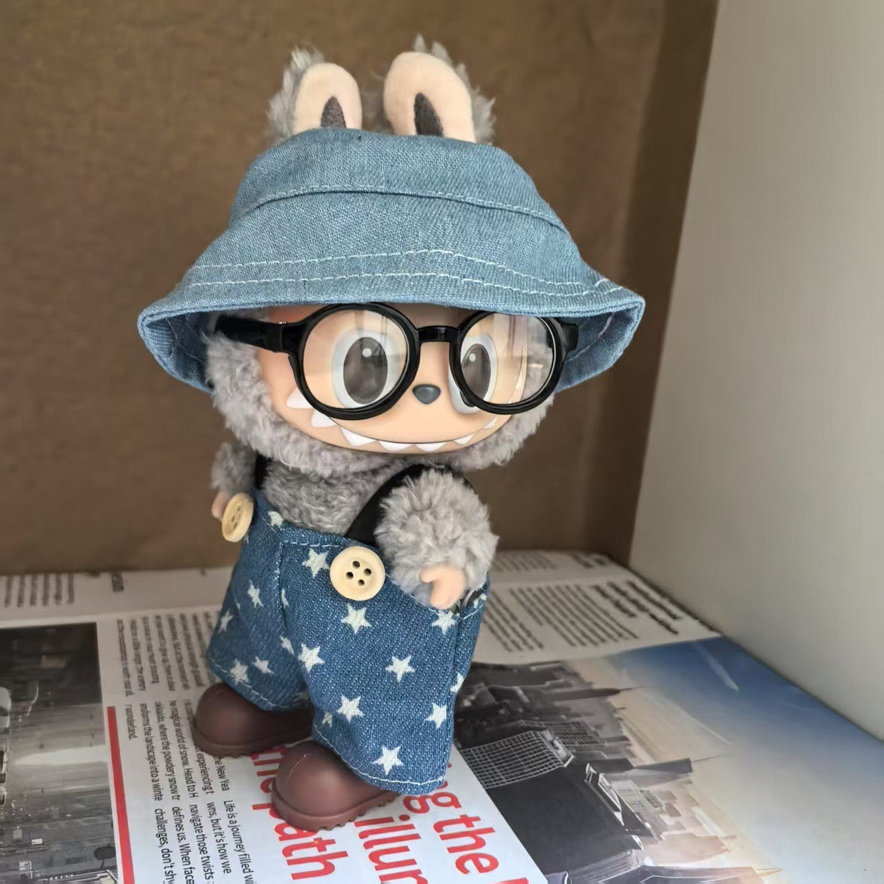 Labubu Plush Doll Denim Starry Overalls & Floral Bucket Hat (Limited Edition)
