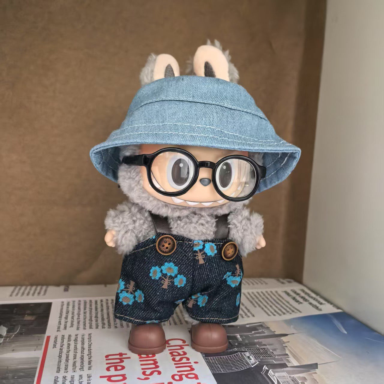 Labubu Plush Doll Denim Starry Overalls & Floral Bucket Hat (Limited Edition)