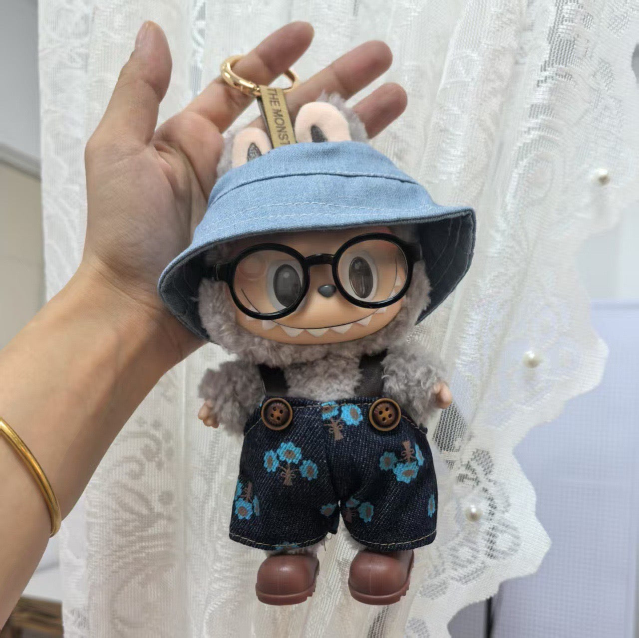 Labubu Plush Doll Denim Starry Overalls & Floral Bucket Hat (Limited Edition)
