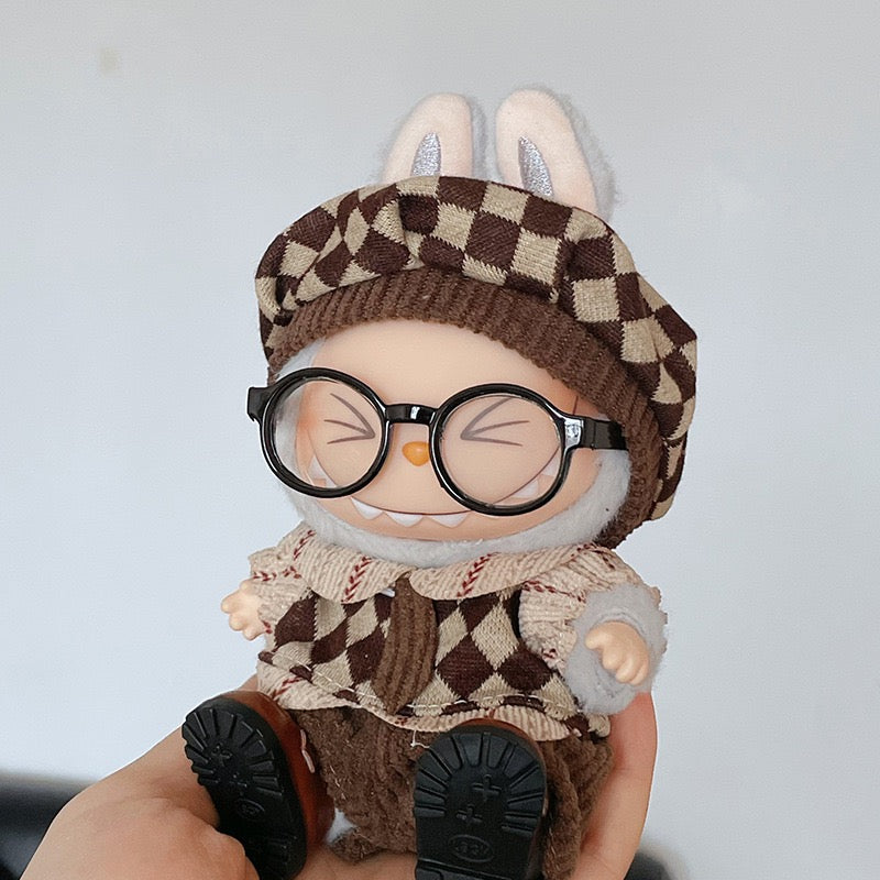 Labubu Plush Doll Stylish Checkered Knit Outfit with Glasses & Beret (Fits Generation 1 & 2)