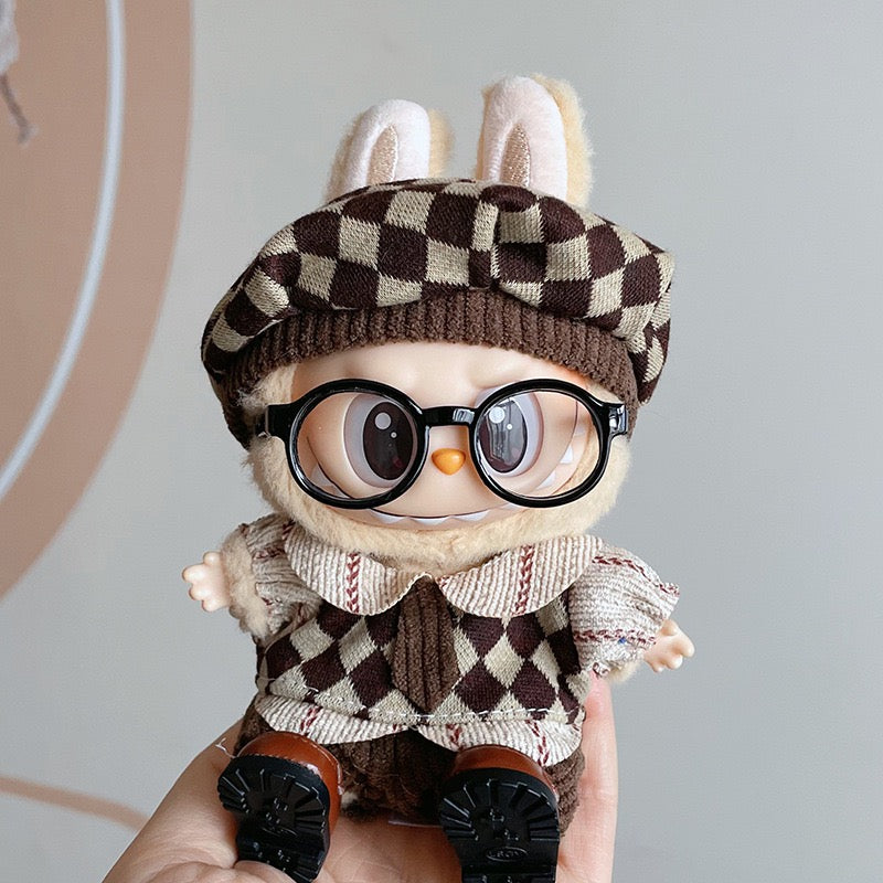 Labubu Plush Doll Stylish Checkered Knit Outfit with Glasses & Beret (Fits Generation 1 & 2)