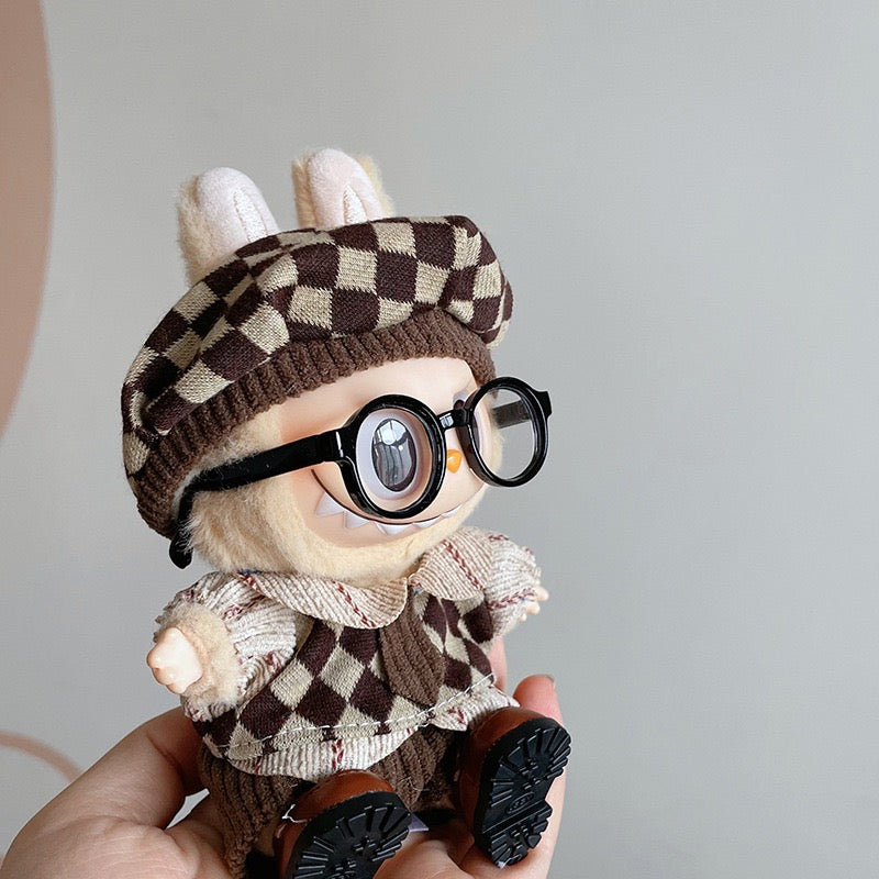 Labubu Plush Doll Stylish Checkered Knit Outfit with Glasses & Beret (Fits Generation 1 & 2)