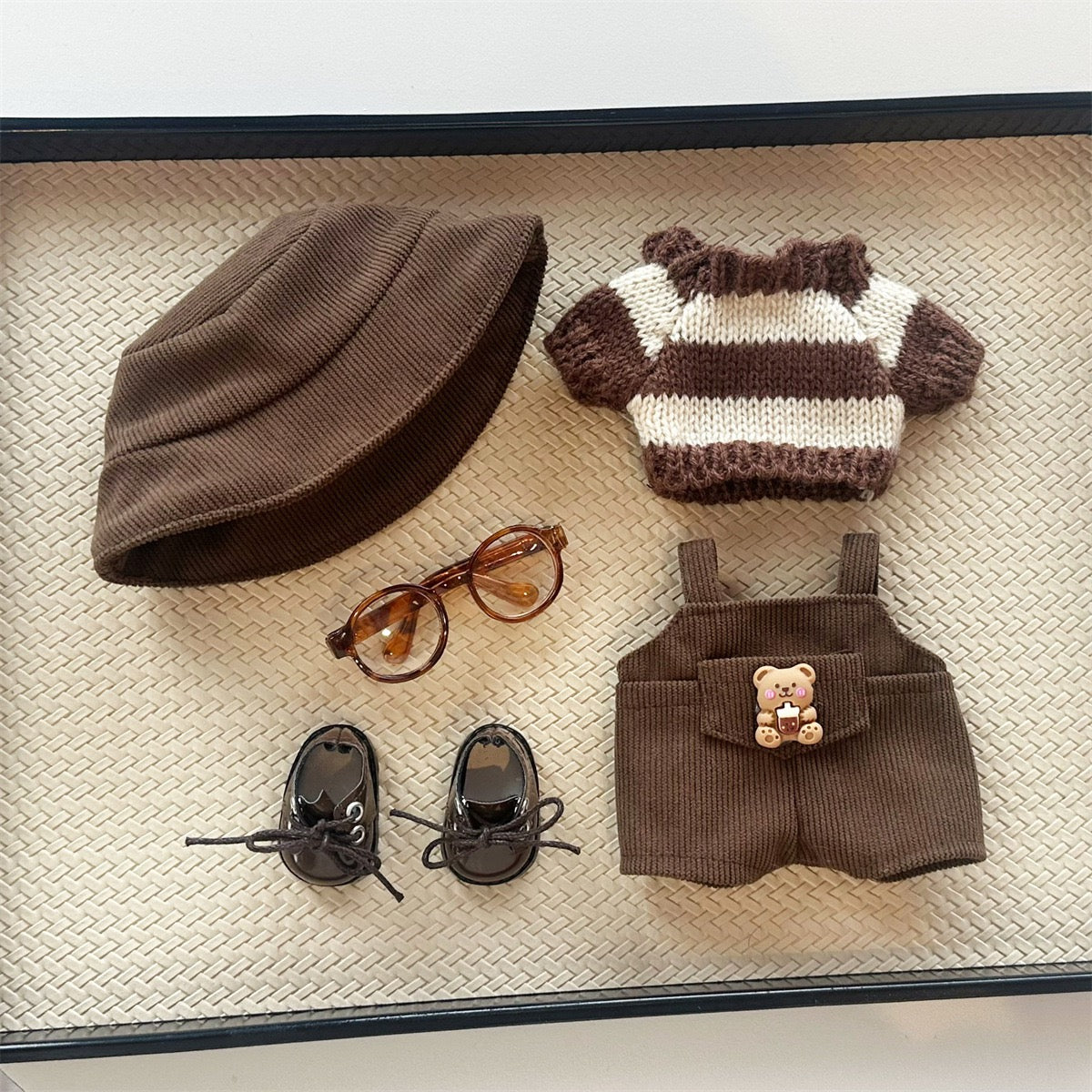 LABUBU’S FALL DREAM OUTFIT! Head-to-Toe Autumn Brown Playsuit Set - Bear Ears Hat & Denim Overalls
