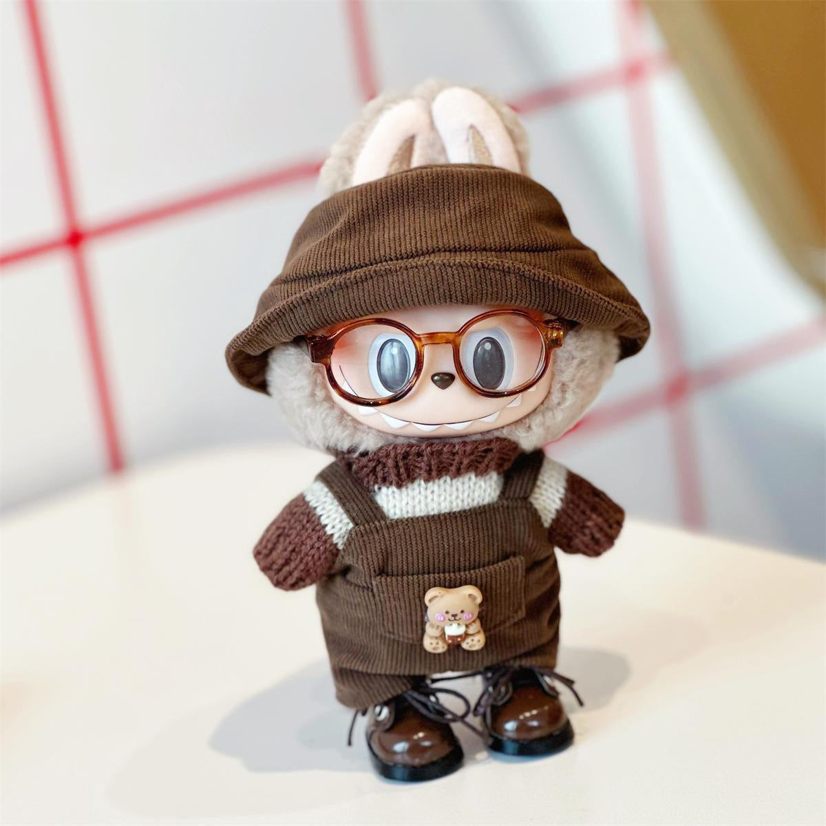 LABUBU’S FALL DREAM OUTFIT! Head-to-Toe Autumn Brown Playsuit Set - Bear Ears Hat & Denim Overalls